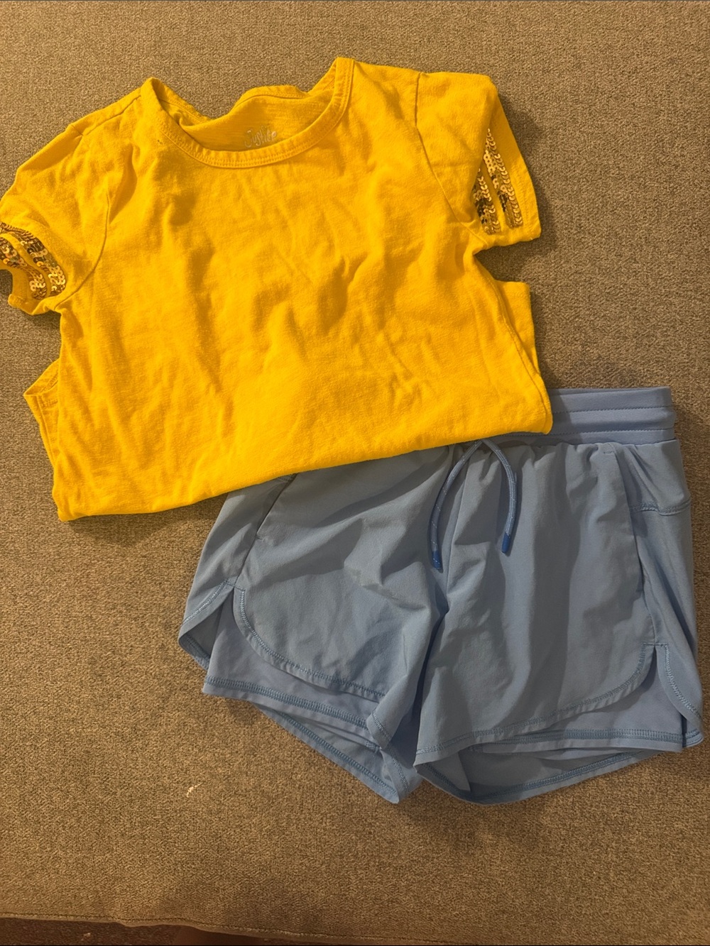 5/$15- Justice Girls Yellow Tee and Light Blue Athletic Shorts Set